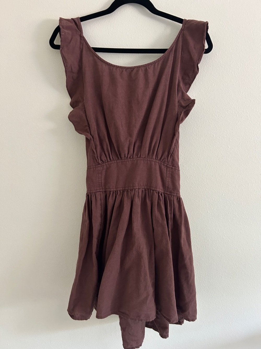 Free People Erin Ruffle Linen Cotton Mini Dress Brown Size Small